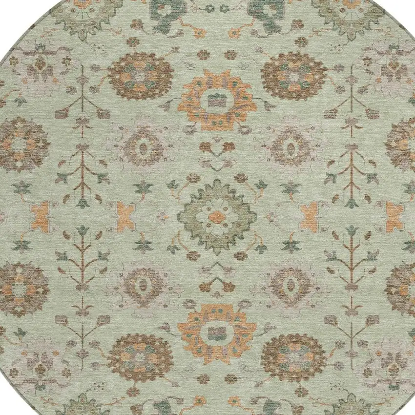 8' Green And Khaki Round Geometric Washable Indoor Outdoor Area Rug Photo 2
