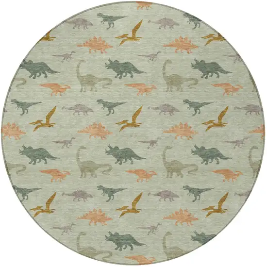 8' Green And Khaki Round Geometric Washable Indoor Outdoor Area Rug Photo 1
