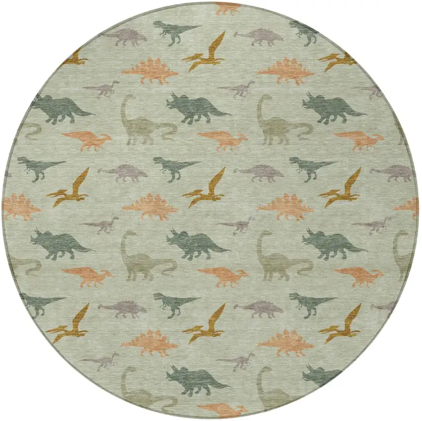 8' Green And Khaki Round Geometric Washable Indoor Outdoor Area Rug Photo 1