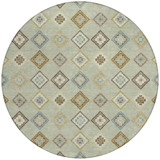 8' Green And Khaki Round Geometric Washable Indoor Outdoor Area Rug Photo 3