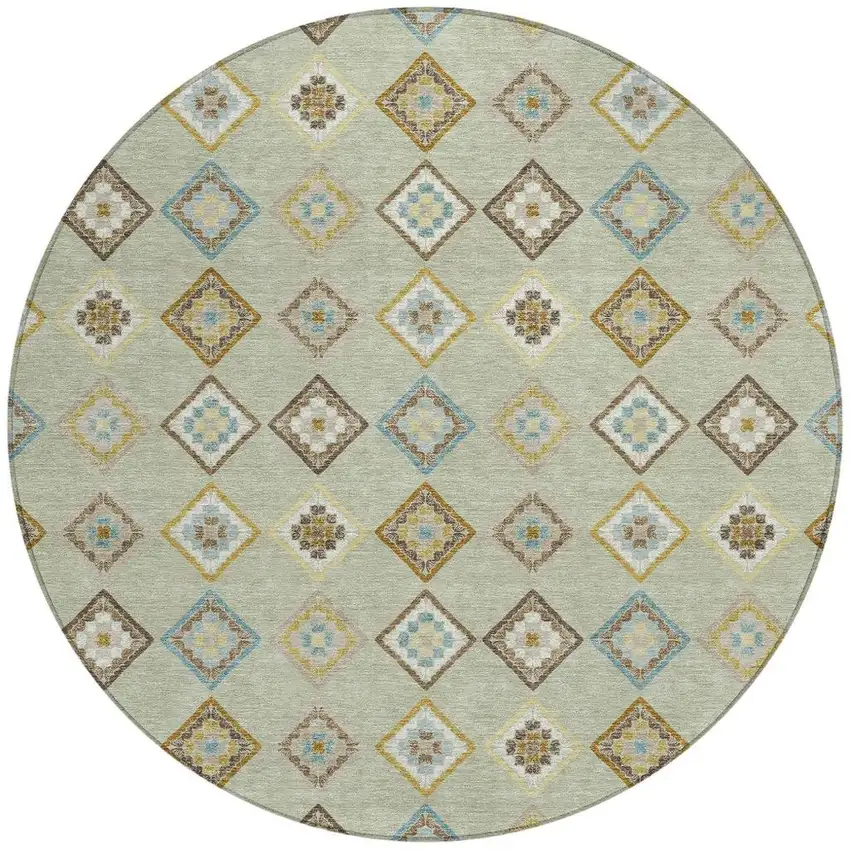 8' Green And Khaki Round Geometric Washable Indoor Outdoor Area Rug Photo 3