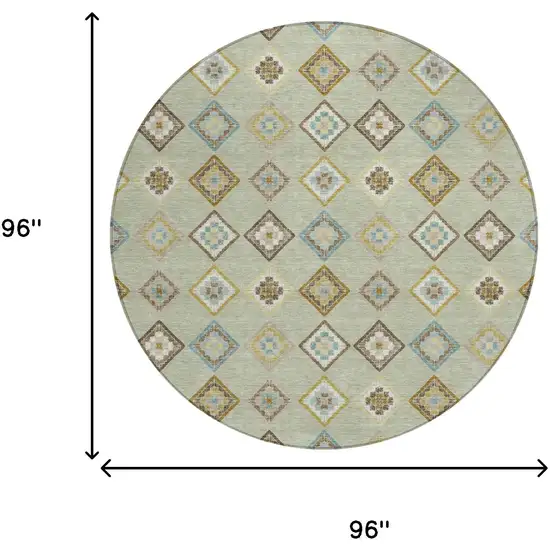 8' Green And Khaki Round Geometric Washable Indoor Outdoor Area Rug Photo 5