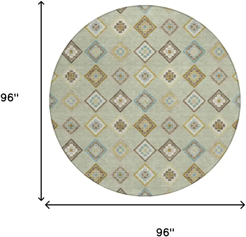 8' Green And Khaki Round Geometric Washable Indoor Outdoor Area Rug Photo 5