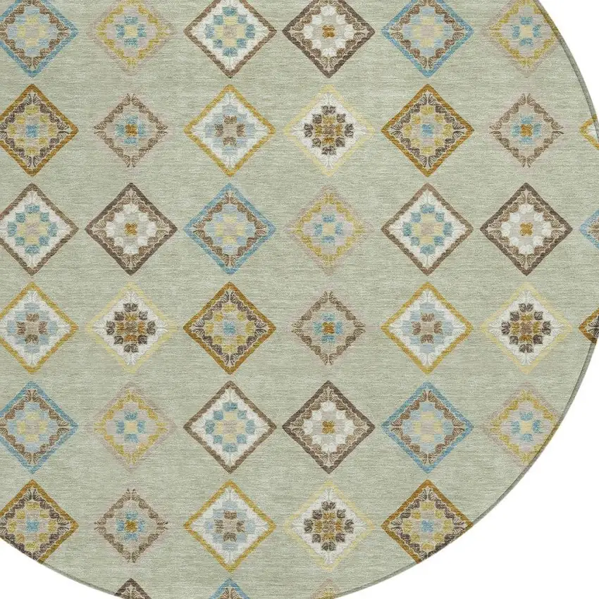 8' Green And Khaki Round Geometric Washable Indoor Outdoor Area Rug Photo 2