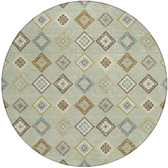 8' Green And Khaki Round Geometric Washable Indoor Outdoor Area Rug Photo 1