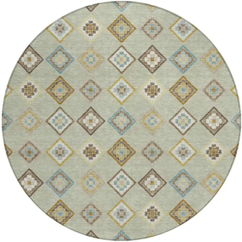 8' Green And Khaki Round Geometric Washable Indoor Outdoor Area Rug Photo 1