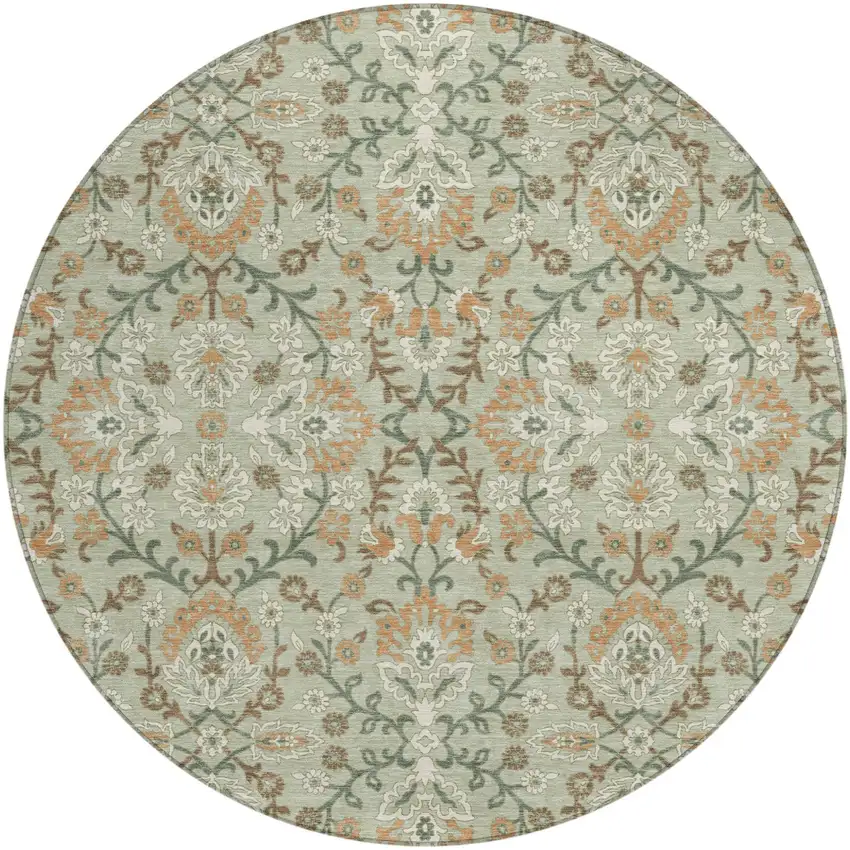 8' Green And Khaki Round Geometric Washable Indoor Outdoor Area Rug Photo 1