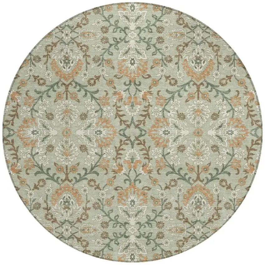 8' Green And Khaki Round Geometric Washable Indoor Outdoor Area Rug Photo 2