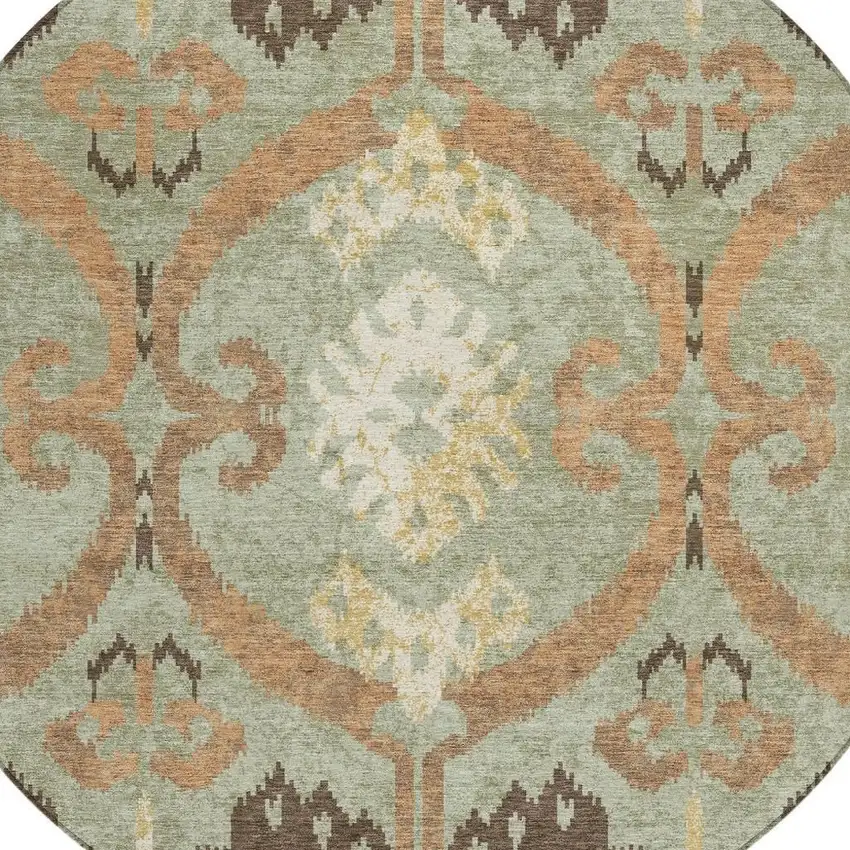 8' Green And Khaki Round Ikat Washable Indoor Outdoor Area Rug Photo 2