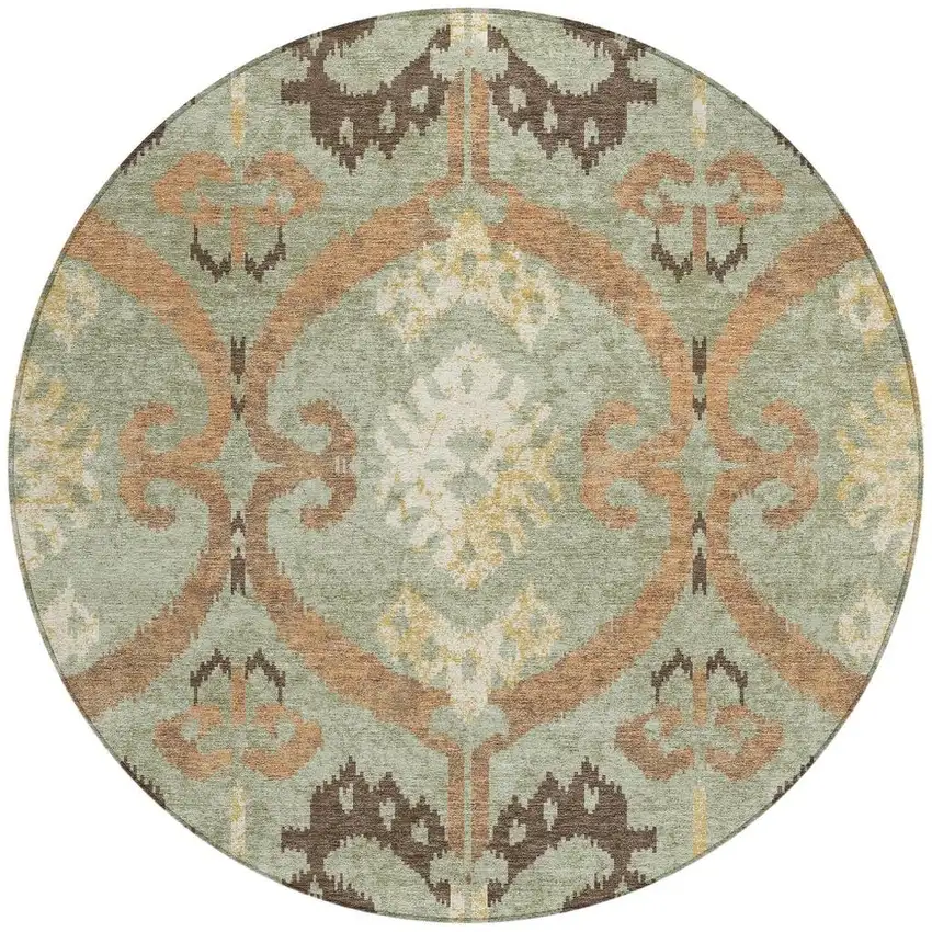 8' Green And Khaki Round Ikat Washable Indoor Outdoor Area Rug Photo 3