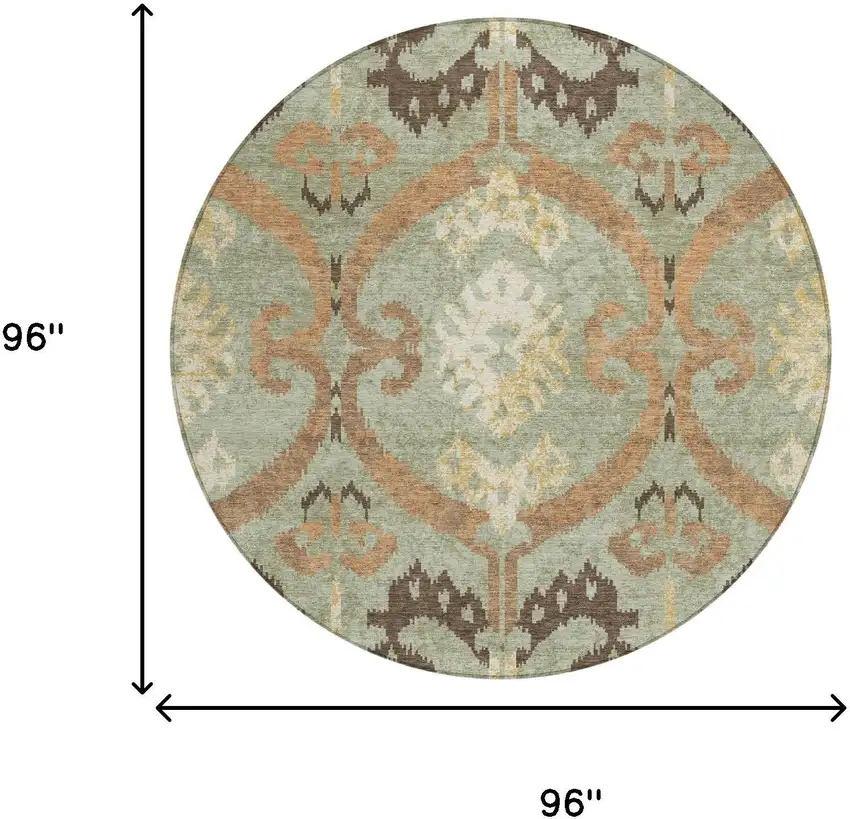 8' Green And Khaki Round Ikat Washable Indoor Outdoor Area Rug Photo 6