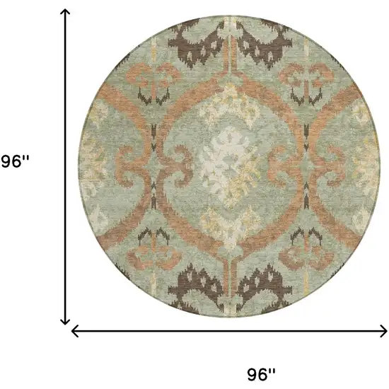 8' Green And Khaki Round Ikat Washable Indoor Outdoor Area Rug Photo 6