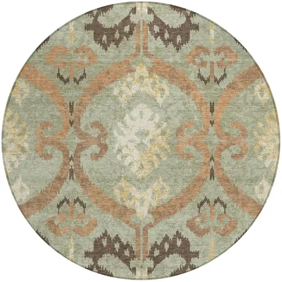 8' Green And Khaki Round Ikat Washable Indoor Outdoor Area Rug Photo 1