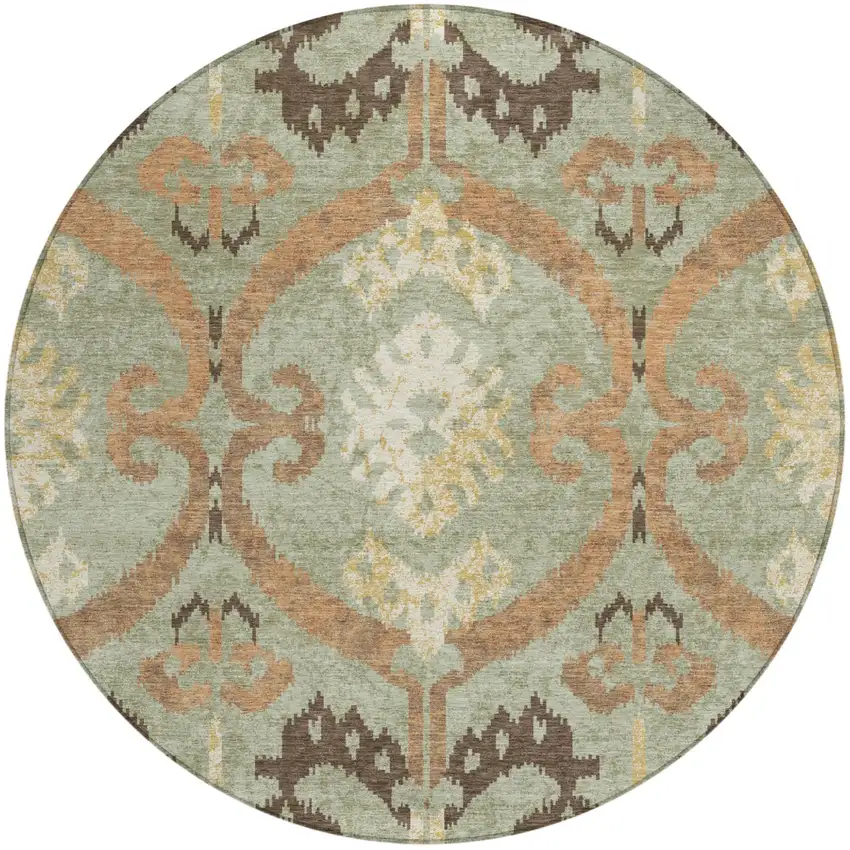 8' Green And Khaki Round Ikat Washable Indoor Outdoor Area Rug Photo 1