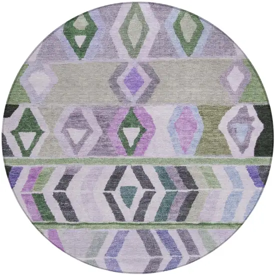 8' Green And Lavender Round Tribal Washable Indoor Outdoor Area Rug Photo 2
