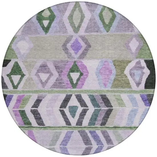 8' Green And Lavender Round Tribal Washable Indoor Outdoor Area Rug Photo 4