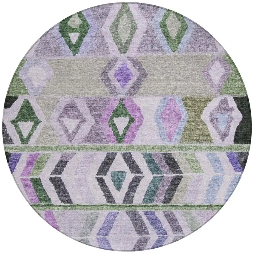 8' Green And Lavender Round Tribal Washable Indoor Outdoor Area Rug Photo 4
