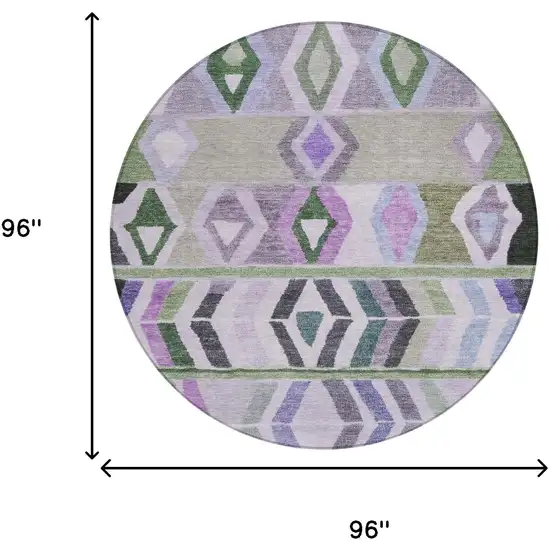 8' Green And Lavender Round Tribal Washable Indoor Outdoor Area Rug Photo 7