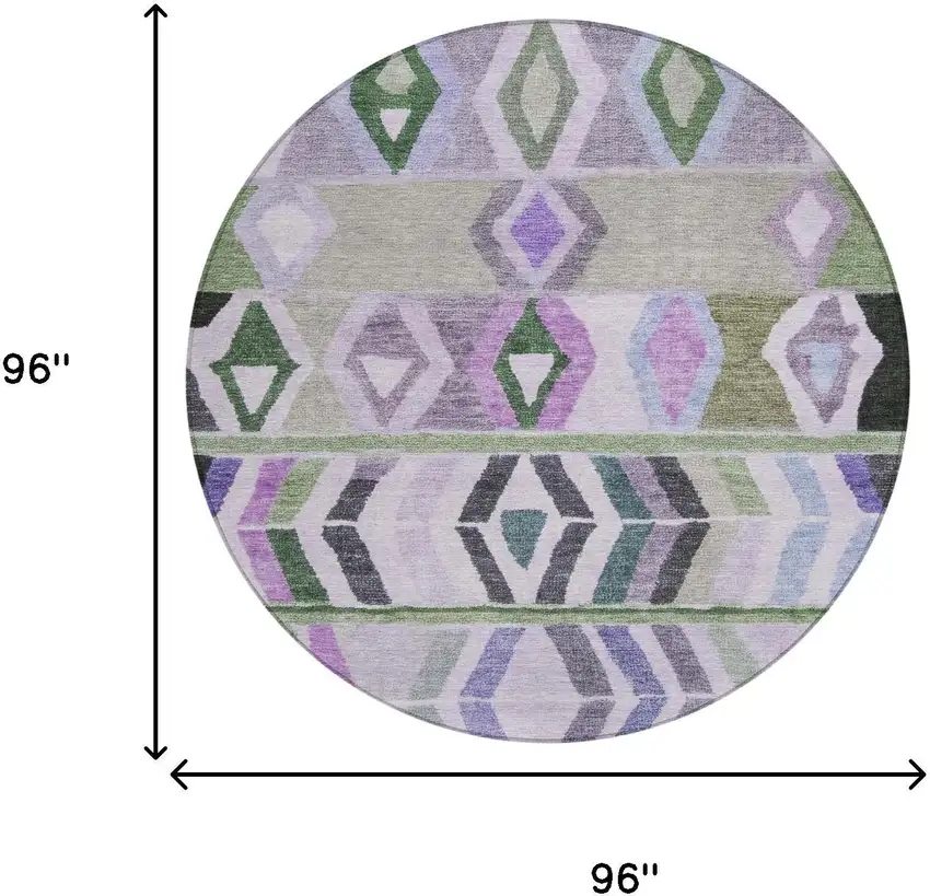8' Green And Lavender Round Tribal Washable Indoor Outdoor Area Rug Photo 7