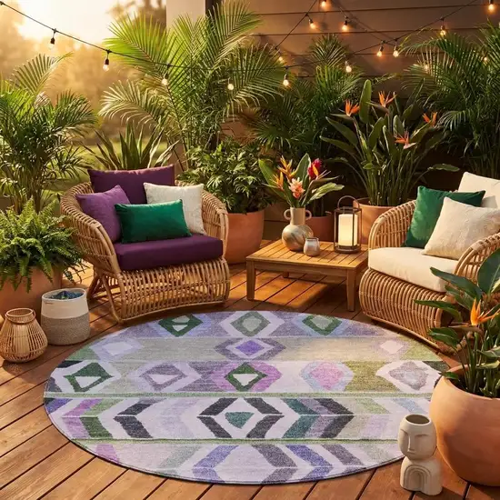 8' Green And Lavender Round Tribal Washable Indoor Outdoor Area Rug Photo 1