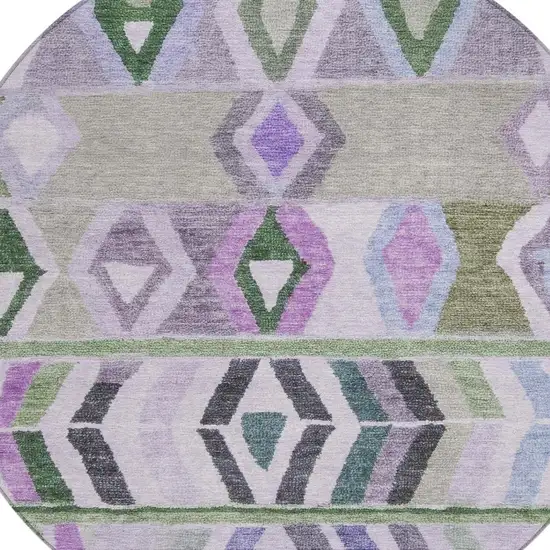 8' Green And Lavender Round Tribal Washable Indoor Outdoor Area Rug Photo 3