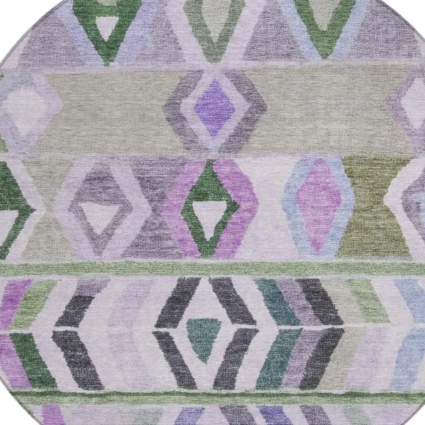 8' Green And Lavender Round Tribal Washable Indoor Outdoor Area Rug Photo 3