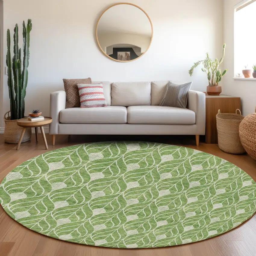 8' Green And Light Green Round Geometric Washable Indoor Outdoor Area Rug Photo 7