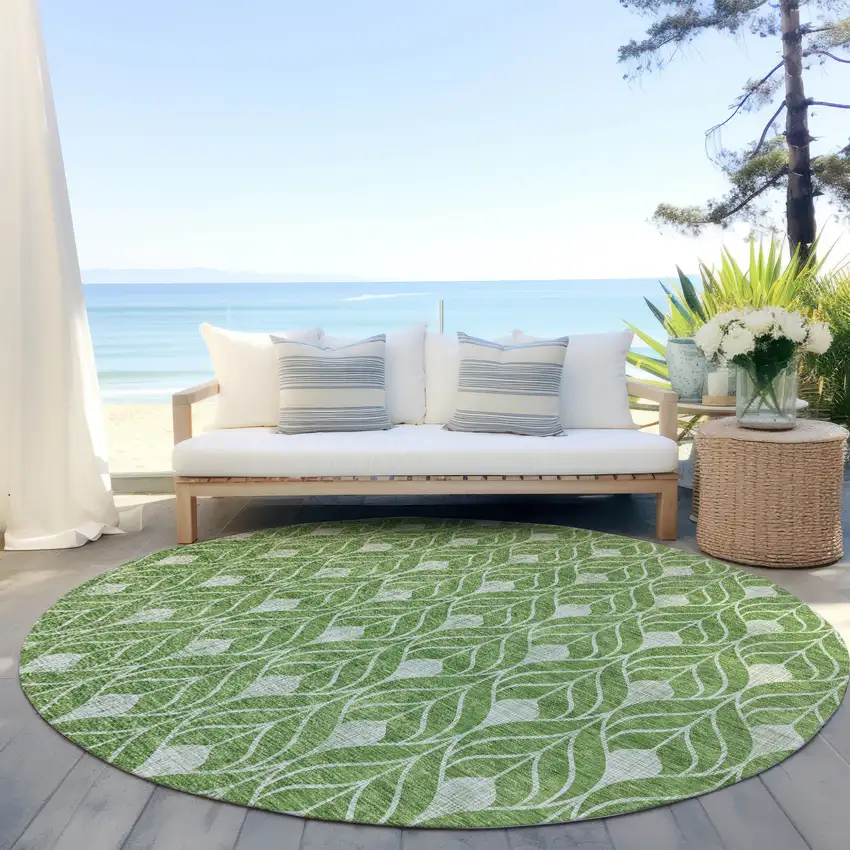 8' Green And Light Green Round Geometric Washable Indoor Outdoor Area Rug Photo 6