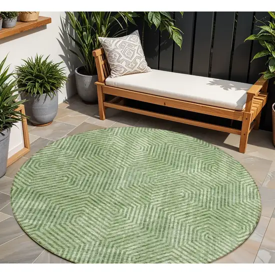 8' Green And Light Green Round Geometric Washable Indoor Outdoor Area Rug Photo 1