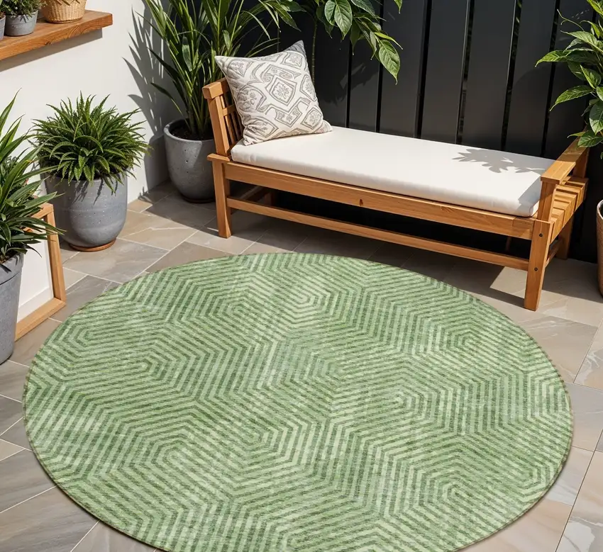 8' Green And Light Green Round Geometric Washable Indoor Outdoor Area Rug Photo 1
