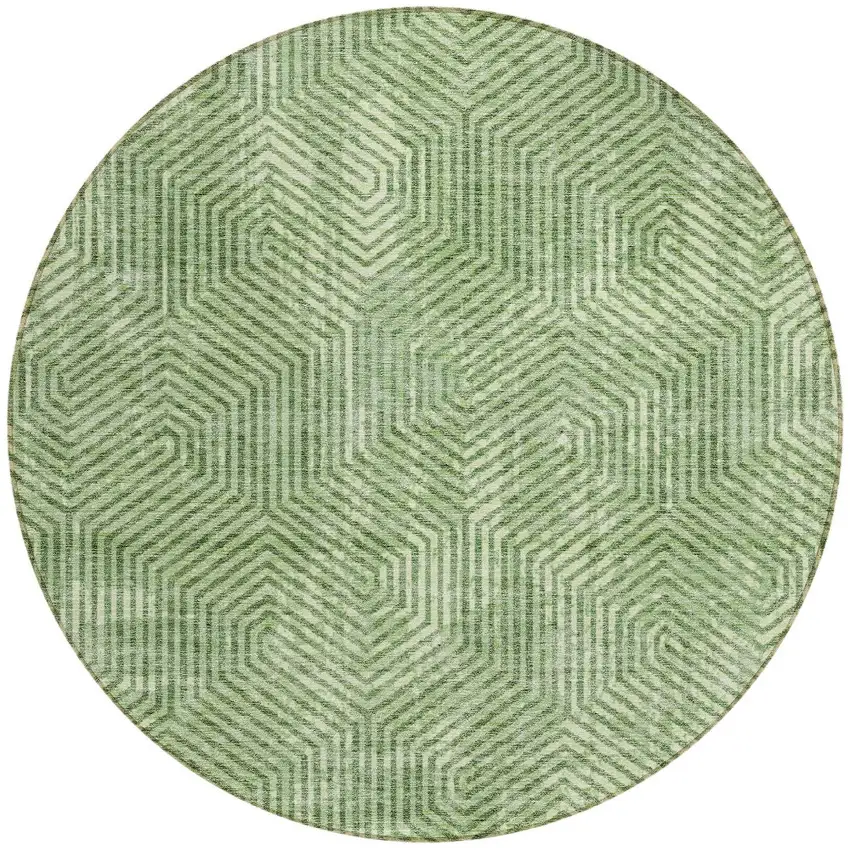 8' Green And Light Green Round Geometric Washable Indoor Outdoor Area Rug Photo 4