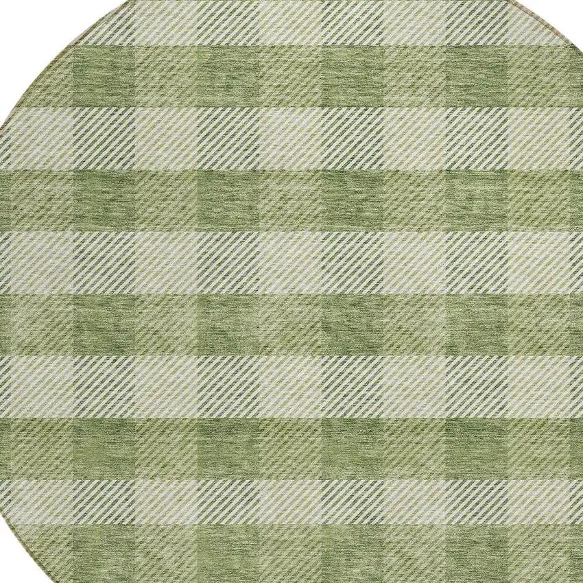 8' Green And Light Green Round Plaid Washable Indoor Outdoor Area Rug Photo 4
