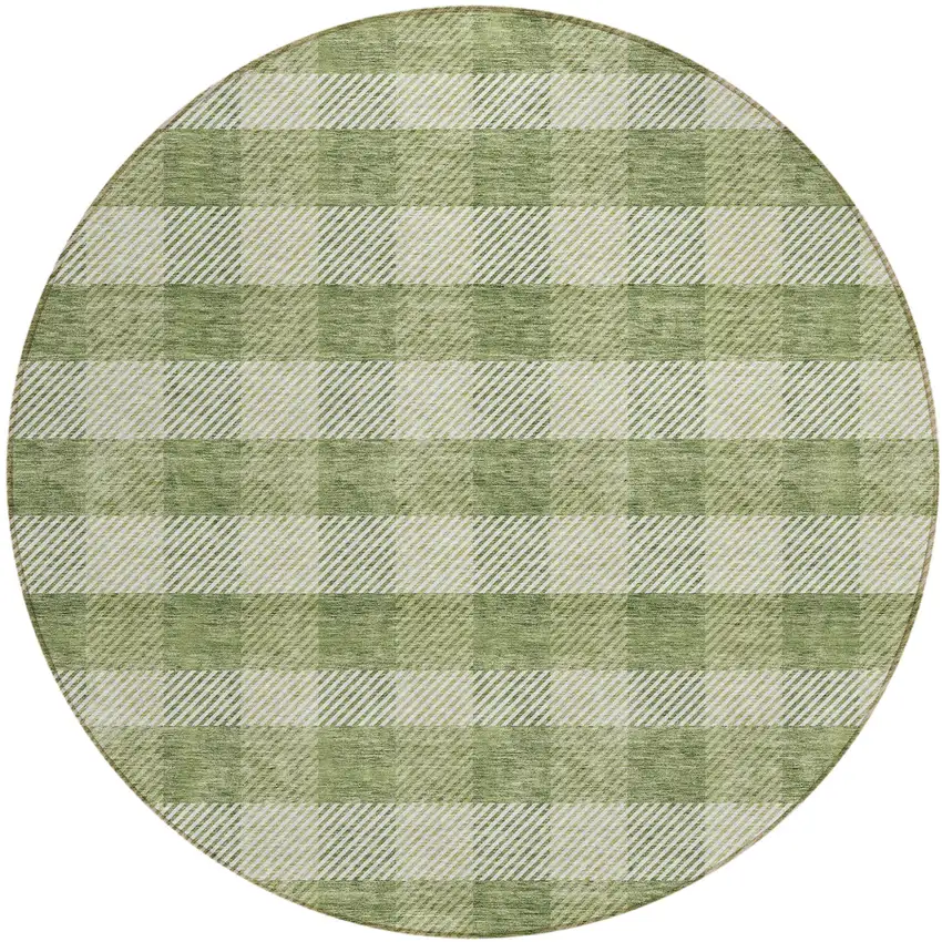 8' Green And Light Green Round Plaid Washable Indoor Outdoor Area Rug Photo 2