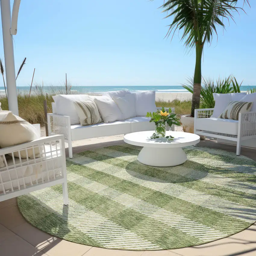 8' Green And Light Green Round Plaid Washable Indoor Outdoor Area Rug Photo 6