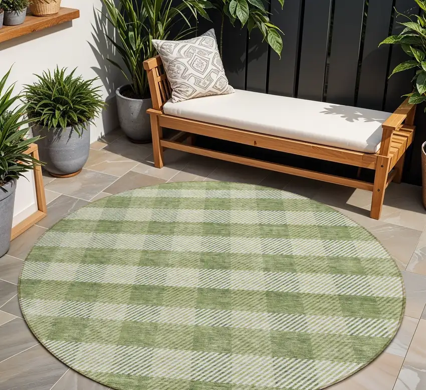 8' Green And Light Green Round Plaid Washable Indoor Outdoor Area Rug Photo 1