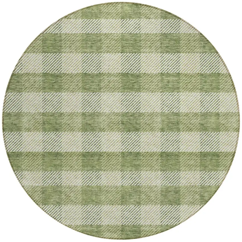 8' Green And Light Green Round Plaid Washable Indoor Outdoor Area Rug Photo 5