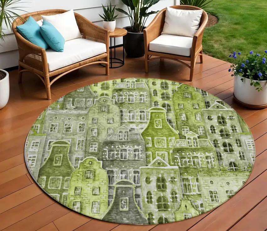 8' Green And Lime Green Round Village Houses Washable Indoor Outdoor Area Rug Photo 1