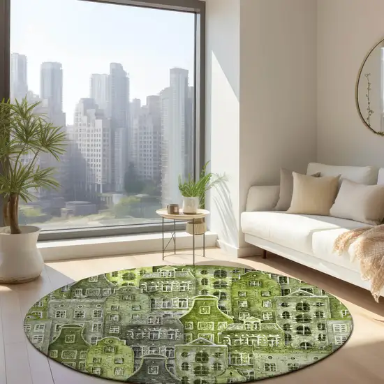 8' Green And Lime Green Round Village Houses Washable Indoor Outdoor Area Rug Photo 7