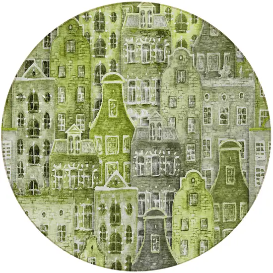 8' Green And Lime Green Round Village Houses Washable Indoor Outdoor Area Rug Photo 5