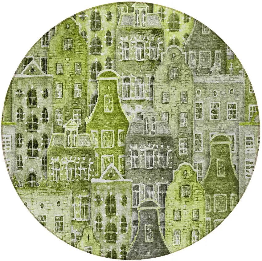 8' Green And Lime Green Round Village Houses Washable Indoor Outdoor Area Rug Photo 5