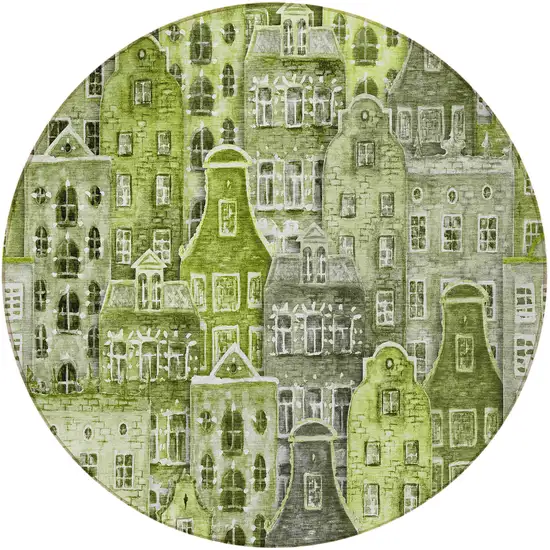 8' Green And Lime Green Round Village Houses Washable Indoor Outdoor Area Rug Photo 5