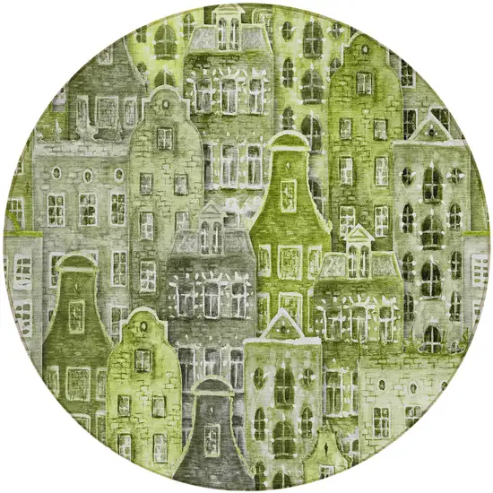 8' Green And Lime Green Round Village Houses Washable Indoor Outdoor Area Rug Photo 2