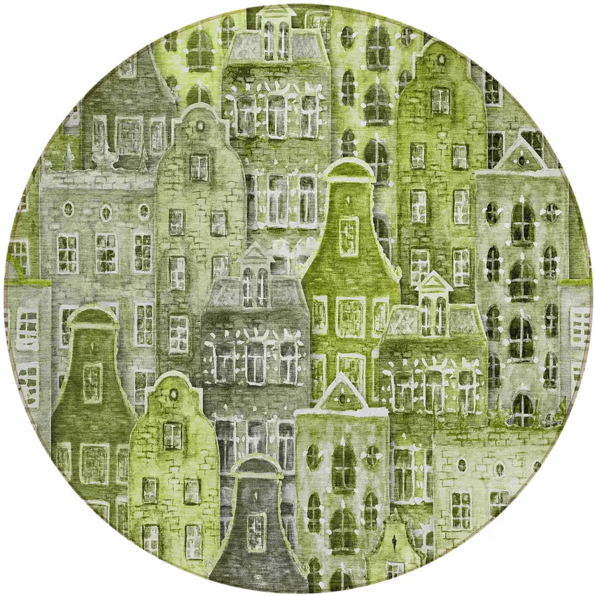 8' Green And Lime Green Round Village Houses Washable Indoor Outdoor Area Rug Photo 2