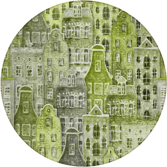 8' Green And Lime Green Round Village Houses Washable Indoor Outdoor Area Rug Photo 2