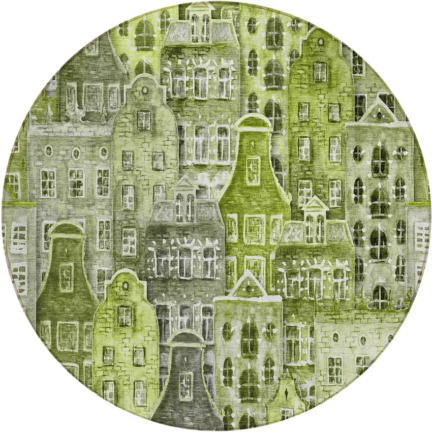 8' Green And Lime Green Round Village Houses Washable Indoor Outdoor Area Rug Photo 2