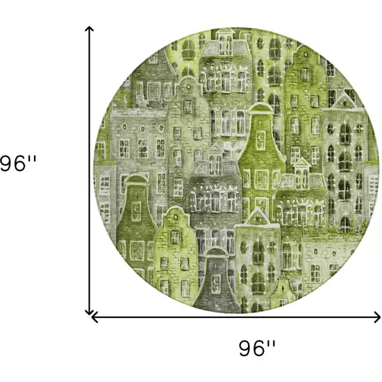 8' Green And Lime Green Round Village Houses Washable Indoor Outdoor Area Rug Photo 3