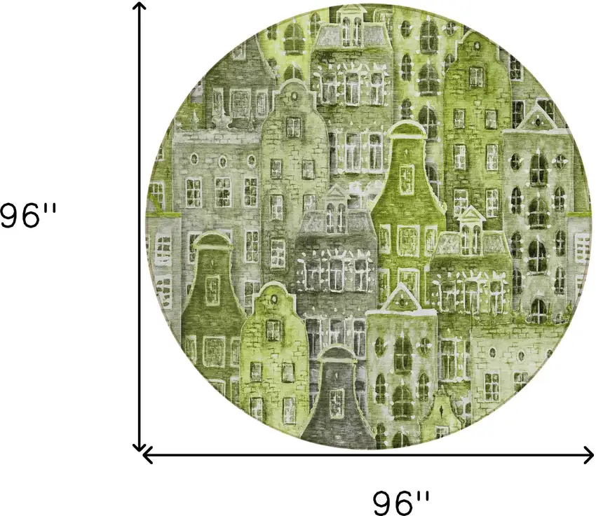 8' Green And Lime Green Round Village Houses Washable Indoor Outdoor Area Rug Photo 3