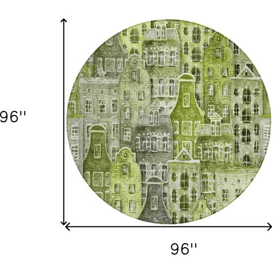 8' Green And Lime Green Round Village Houses Washable Indoor Outdoor Area Rug Photo 3