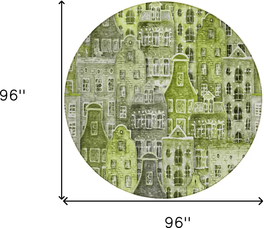 8' Green And Lime Green Round Village Houses Washable Indoor Outdoor Area Rug Photo 3