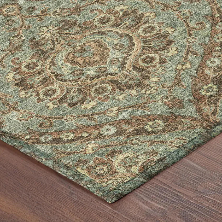 8' Green And Linen Round Floral Washable Indoor Outdoor Area Rug Photo 5